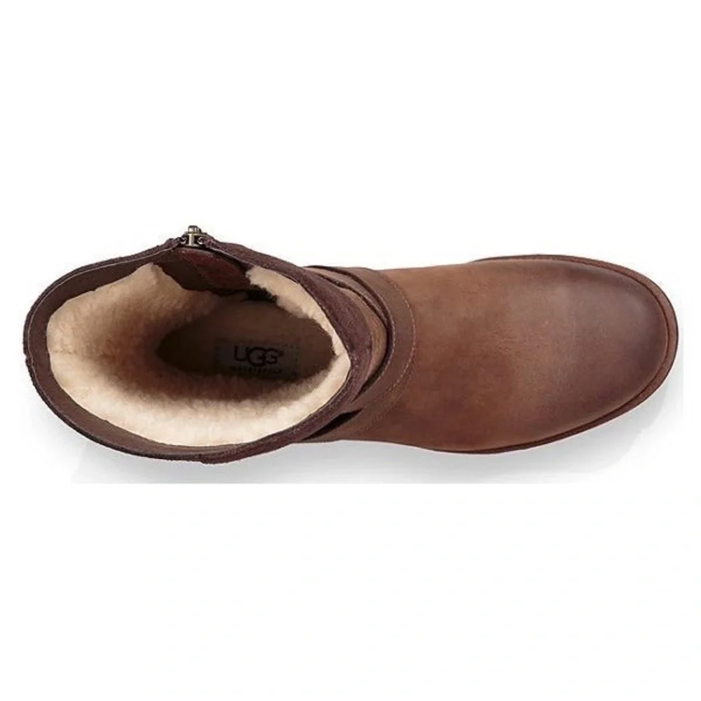 UGG Lorna Waterproof Leather Booties Coconut Brown Size 5 Shearling Lined NWT